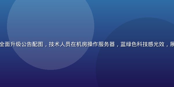 爱情岛2026年七月域名全面升级公告配图，技术人员在机房操作服务器，蓝绿色科技感光效，展示爱情岛永久域名升级过程